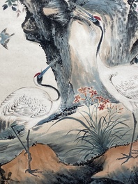 Suiveur de Yan Bolong 顏伯龍 (1898-1955): 'Deux paons et deux grues', encre et couleurs sur papier