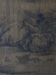 Chinese School: 'Two mountainous landscapes with scholars', ink and colour on silk, probably Ming