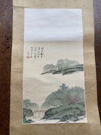 Attributed to Pu Xinyu 溥心畬 (1896-1963): 'Landscape with scholars under the willow', ink and colour on silk