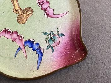 A Chinese Canton enamel peach-shaped saucer dish, Yongzheng