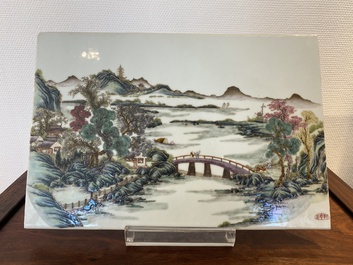 A Chinese rectangular famille rose plaque, Wang Yeting 汪野亭 seal mark, Republic