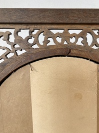 A Chinese wooden table screen with a qianjiang cai plaque, signed Wang Yeting 汪野亭, dated 1924