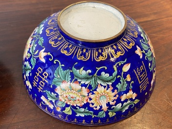 A Chinese blue-ground Canton enamel bowl and cover, Qianlong