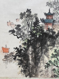 Qian Songyan 錢松嵒 (1899-1986): 'Landschap met moderne gebouwen', inkt en kleur op papier, gedateerd 1974