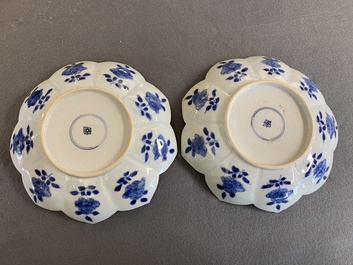 A pair of Chinese blue and white lotus-shaped 'leopard' dishes, Kangxi
