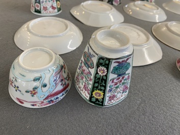 Zeven Chinese famille rose koppen en schotels, Yongzheng/Qianlong