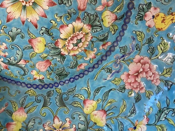 A Chinese Canton enamel turquoise-ground basin and a blue-ground dish, 18/19th C.