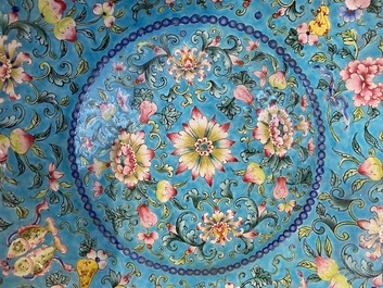 A Chinese Canton enamel turquoise-ground basin and a blue-ground dish, 18/19th C.