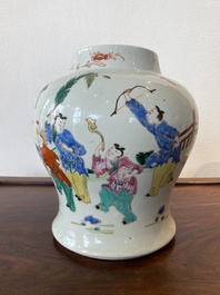 A Chinese famille rose 'playing boys' vase on a fine carved wooden stand, Yongzheng
