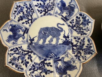 A pair of Chinese blue and white lotus-shaped 'leopard' dishes, Kangxi