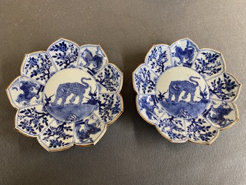 A pair of Chinese blue and white lotus-shaped 'leopard' dishes, Kangxi