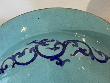 A Chinese Canton enamel turquoise-ground basin and a blue-ground dish, 18/19th C.