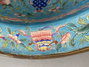 A Chinese Canton enamel turquoise-ground basin and a blue-ground dish, 18/19th C.