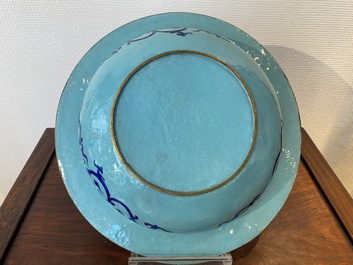 A Chinese Canton enamel turquoise-ground basin and a blue-ground dish, 18/19th C.