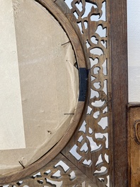 A Chinese wooden table screen with a qianjiang cai plaque, signed Wang Yeting 汪野亭, dated 1924