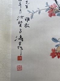 Navolger van Wang Xuetao 王雪濤 (1903-1982): 'Kat en bidsprinkhaan', inkt en kleur op papier, gedateerd 1945