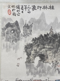 Qian Songyan 錢松嵒 (1899-1986): 'Landschap met moderne gebouwen', inkt en kleur op papier, gedateerd 1974