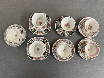 Zeven Chinese famille rose koppen en schotels, Yongzheng/Qianlong