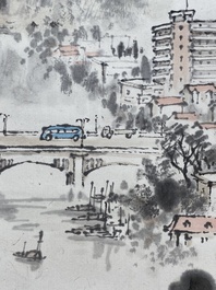 Qian Songyan 錢松嵒 (1899-1986): 'Landschap met moderne gebouwen', inkt en kleur op papier, gedateerd 1974