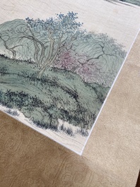 Attributed to Pu Xinyu 溥心畬 (1896-1963): 'Landscape with scholars under the willow', ink and colour on silk