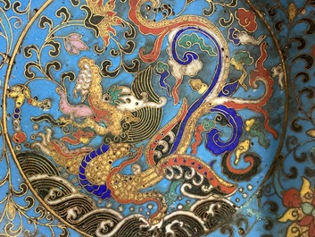 A Chinese cloisonn&eacute; 'dragon' brush washer, Qianlong mark but probably later