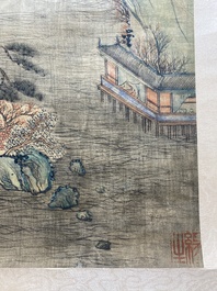 Suiveur de Qiu Ying 仇英 (1494-1552) : 'Paysage montagneux aux pavillons', encre et couleurs sur soie, dat&eacute; 1545 mais probablement post&eacute;rieur