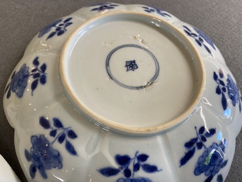 A pair of Chinese blue and white lotus-shaped 'leopard' dishes, Kangxi