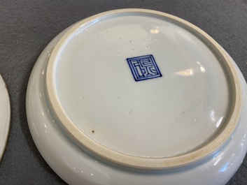 Twee Chinese blauw-witte 'Bleu de Hue' borden voor de Vietnamese markt, Ngoan Ngoc merk en zegelmerk, 19e eeuw