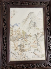 A Chinese rectangular qianjiang cai 'mountainous landscape' plaque in the style of Cheng Men, 19th C.