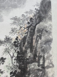 Qian Songyan 錢松嵒 (1899-1986): 'Landschap met moderne gebouwen', inkt en kleur op papier, gedateerd 1974