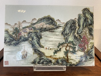 A Chinese rectangular famille rose plaque, Wang Yeting 汪野亭 seal mark, Republic