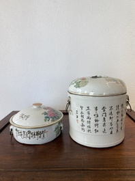 Twee Chinese qianjiang cai dekselkommen, Tongzhi merk, 19e eeuw