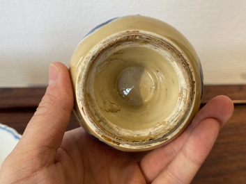 Two Chinese blue and white bowls, a small plate and a caf&eacute;-au-lait ground sprinkler, Kangxi