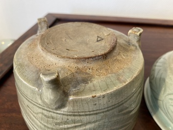 A Chinese Longquan celadon 'twin fish' dish and two censers, Song and/or later