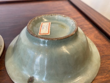 A Chinese Longquan celadon 'twin fish' dish and two censers, Song and/or later