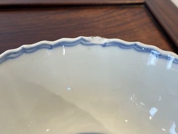 Two Chinese blue and white bowls, a small plate and a caf&eacute;-au-lait ground sprinkler, Kangxi