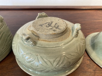 A Chinese Longquan celadon 'twin fish' dish and two censers, Song and/or later