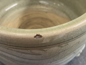A Chinese Longquan celadon 'twin fish' dish and two censers, Song and/or later