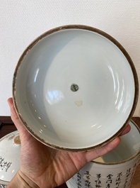 Twee Chinese qianjiang cai dekselkommen, Tongzhi merk, 19e eeuw