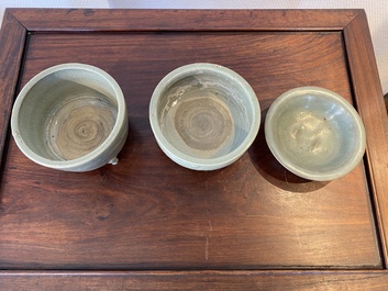 A Chinese Longquan celadon 'twin fish' dish and two censers, Song and/or later
