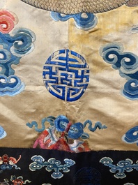 A large Chinese gold-thread-embroidered silk panel with an imperial dragon, 19th C.