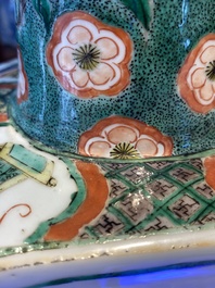 A pair of Chinese hexagonal famille verte vases with floral panels, Kangxi