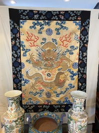 A large Chinese gold-thread-embroidered silk panel with an imperial dragon, 19th C.