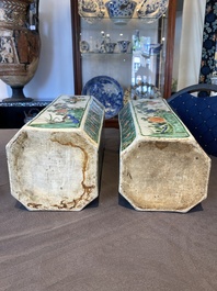 A pair of Chinese hexagonal famille verte vases with floral panels, Kangxi
