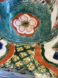 A pair of Chinese hexagonal famille verte vases with floral panels, Kangxi