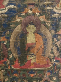 Een thangka met Bhaisajyaguru, Tibet, 15/16e eeuw