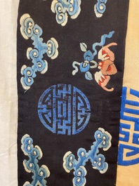 A large Chinese gold-thread-embroidered silk panel with an imperial dragon, 19th C.
