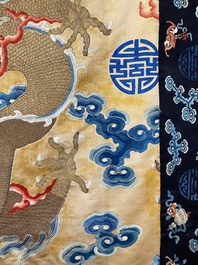 A large Chinese gold-thread-embroidered silk panel with an imperial dragon, 19th C.