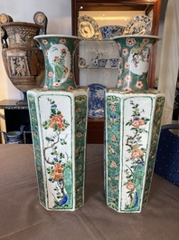 A pair of Chinese hexagonal famille verte vases with floral panels, Kangxi
