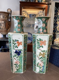 A pair of Chinese hexagonal famille verte vases with floral panels, Kangxi